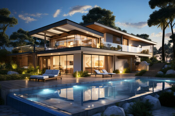 Obraz premium Exterior of beautiful modern house. Luxury villa with terrace and swimming pool. AI Generated