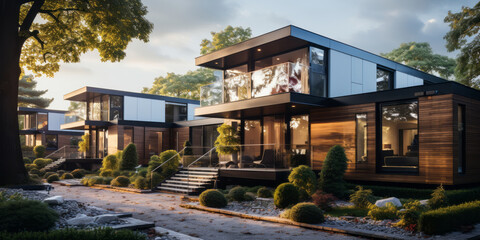 Obraz premium Modern modular private houses. Residential architecture exterior. AI Generated
