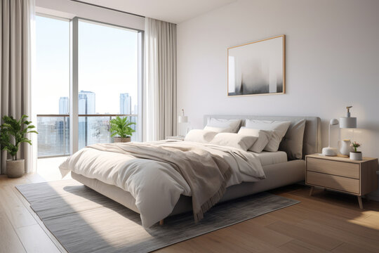 modern apartment bedroom comfortable bed near window. AI Generated