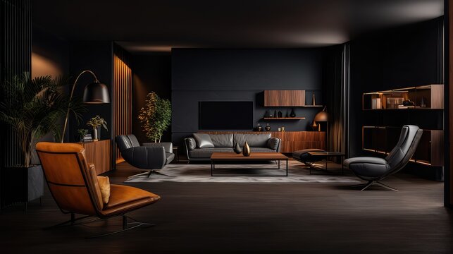 Naklejka living room with modern interior design for home against the background of a dark classic wall, Generative AI.