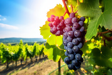 Grape field growing for wine. Red grapes close-up, Vineyard hills. AI Generated