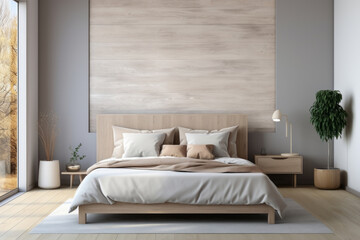 Scandinavian interior design of modern bedroom with big art poster frame. AI Generated