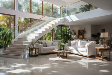 Interior design of modern entrance hall with staircase in villa. AI Generated
