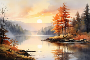 A serene watercolor painting of a tranquil lake surrounded by autumn trees, as the first light of dawn breaks through the clouds Generative AI