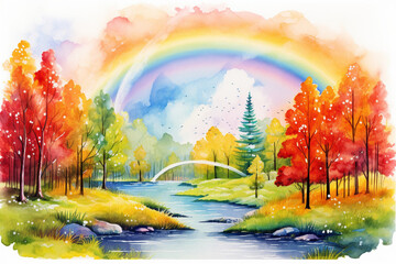 A vibrant watercolor representation of a rainbow after a refreshing autumn rain, arching over a landscape filled with colorful leaves Generative AI