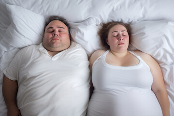 overweight man snoring loudly, while sleeping next to his fat wife in bedroom AI Generated