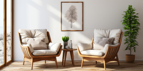 Two armchairs in room with white wall and big frame poster on it. AI Generated
