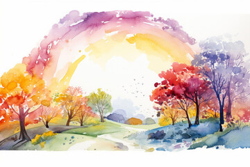 Fototapeta na wymiar A vibrant watercolor representation of a rainbow after a refreshing autumn rain, arching over a landscape filled with colorful leaves Generative AI