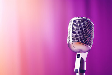 Professional microphone with pink purple background banner, Podcast or recording studio.AI Generated