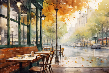 An artistic watercolor scene of a cozy cafe with large windows, overlooking an autumn street washed by a light rain at dawn Generative AI