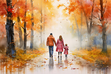 Obraz premium A heartwarming watercolor artwork of a family strolling through an autumn forest, embracing the beauty of rain and dawn Generative AI