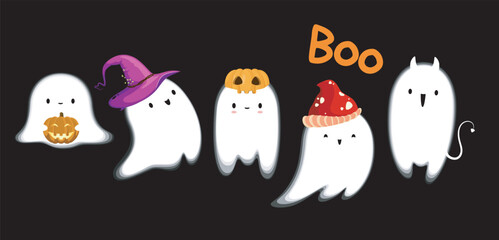A set of funny ghosts on a dark background. Cute ghosts for halloween.
