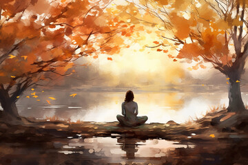 An inspiring watercolor scene of a woman meditating under a tree during a serene autumn dawn after the rain Generative AI