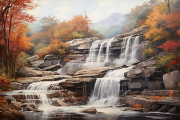 A captivating watercolor painting of a cascading waterfall in an autumn landscape, with raindrops adding to the enchanting scenery Generative AI