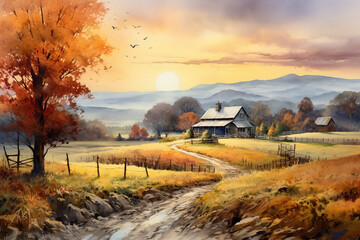 A peaceful watercolor artwork of a countryside farm at dawn, surrounded by fields of golden autumn leaves Generative AI