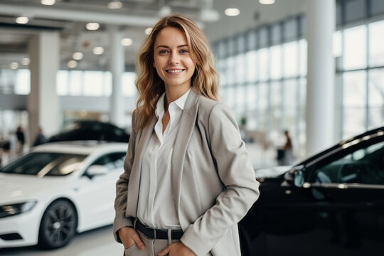 Woman choosing a car in car showroom . AI Generated