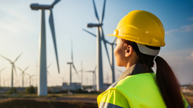 Woman Engineer in yellow hard hat at windmills power plant. AI Generated