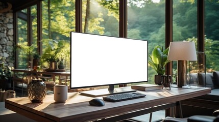 Computer monitor with blank screen on wooden desk in contemporary minimalist home office with outside the window, AI-generative