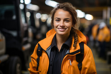 young woman working at warehouse and driving forklift. AI Generated