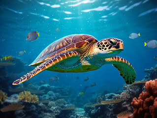 Obraz na płótnie Canvas In the crystal-clear waters, a vibrant green sea turtle gracefully swims amidst a colorful coral reef Generative ai