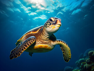 Fototapeta premium In the crystal-clear waters, a vibrant green sea turtle gracefully swims amidst a colorful coral reef Generative ai