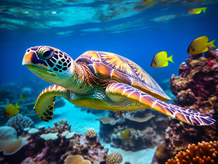 Fototapeta na wymiar In the crystal-clear waters, a vibrant green sea turtle gracefully swims amidst a colorful coral reef Generative ai