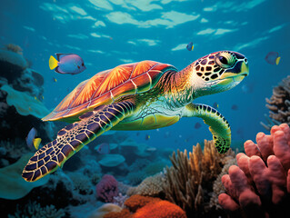Fototapeta na wymiar In the crystal-clear waters, a vibrant green sea turtle gracefully swims amidst a colorful coral reef Generative ai