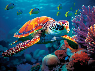Obraz premium In the crystal-clear waters, a vibrant green sea turtle gracefully swims amidst a colorful coral reef Generative ai