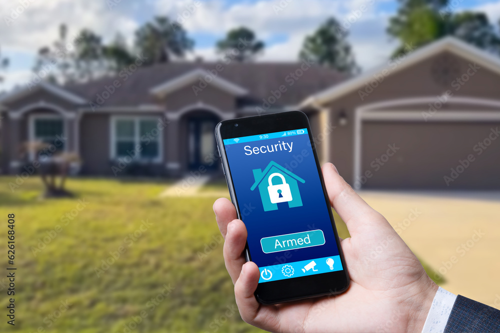 Poster smartphone with home security app in a hand on the building background.
