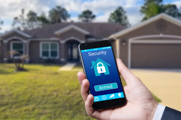 Smartphone with home security app in a hand on the building background.
