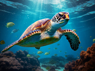 Fototapeta premium In the crystal-clear waters, a vibrant green sea turtle gracefully swims amidst a colorful coral reef Generative ai