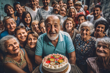 Elderly pensioner grandfather looks at a birthday cake, smiles, blows out a candle surrounded by his family. Generative AI.