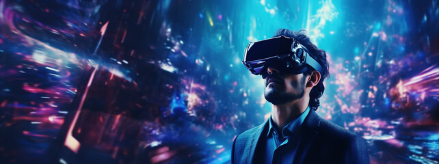 Man wearing VR glasses in virtual reality space. AI