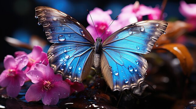 A blue morpho butterfly (Morpho peleides) resting on a vibrant orchid in the Amazon rainforest, its brilliant blue wings glistening with dew under the morning light.