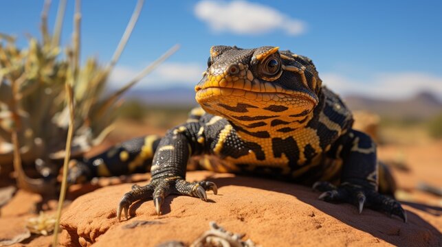 A Gila monster (Heloderma suspectum) slowly navigating the rocky terrain of the Sonoran Desert, its vibrant pink and black scales standing out starkly against the pale sand and scrub.