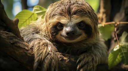 Fototapeta premium A Brown-throated Three-toed Sloth (Bradypus variegatus) hanging from a tree in the Amazon Rainforest, its slow movements and camouflaged fur a fascinating sight amidst the dense foliage.