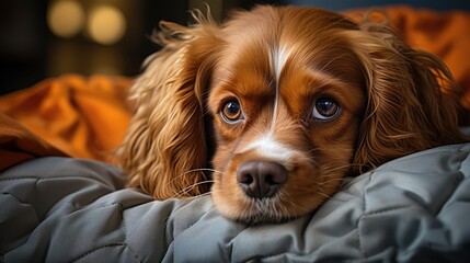 A King Charles Spaniel (Canis lupus familiaris) resting in its bed, its soft, wavy coat and gentle eyes making it a great companion for those seeking a laid-back pet.