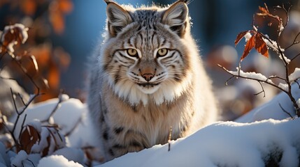 Obraz premium A Eurasian Lynx (Lynx lynx) emerging from the birch forest in Norway, its pointed ears with black tufts and bobbed tail creating a captivating image in the winter landscape.