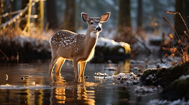A white-tailed deer (Odocoileus virginianus) foraging in the frosty morning light of a New England forest, its graceful form a serene image of woodland charm.