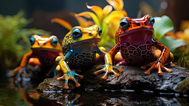 A group of Poison Dart Frogs (Dendrobatidae) hopping through the undergrowth in the Amazon Rainforest, their brightly colored bodies a dazzling display of nature's warning colors.
