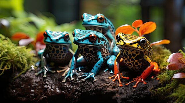 A group of Poison Dart Frogs (Dendrobatidae) hopping through the undergrowth in the Amazon Rainforest, their brightly colored bodies a dazzling display of nature's warning colors.