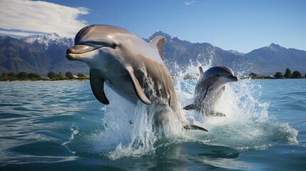 Fototapeta premium A group of Bottlenose Dolphins (Tursiops) leaping in unison in the waters off New Zealand's Kaikoura Coast, their sleek bodies and playful behavior a delightful spectacle.