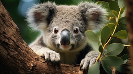 Obraz premium A koala (Phascolarctos cinereus) clinging to a eucalyptus tree in the Australian bushland, its fuzzy gray form a cozy sight among the cool green leaves.