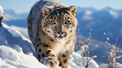 Fototapeta premium A Snow Leopard (Panthera uncia) stealthily climbing the rocky terrain of Mongolia's Altai Mountains, its thick coat and long, bushy tail blending perfectly with the snow-covered landscape.
