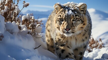Obraz premium A Snow Leopard (Panthera uncia) stealthily climbing the rocky terrain of Mongolia's Altai Mountains, its thick coat and long, bushy tail blending perfectly with the snow-covered landscape.