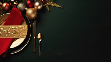 A Christmas table with a invitation card set on the table. AI Generated