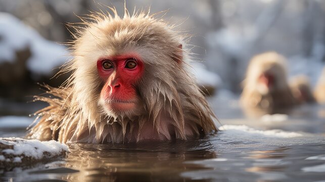 A Snow Monkey (Macaca fuscata) warming up in a hot spring in Japan's Jigokudani Monkey Park, its red face and thick fur a heartwarming sight against the snowy landscape.