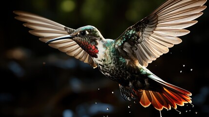Fototapeta premium A Ruby-throated Hummingbird (Archilochus colubris) hovering mid-air in a North American garden, its wings beating rapidly and its iridescent red throat catching the morning light.