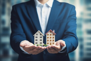 a man holding house model, property agent, landmark background. AI Generated