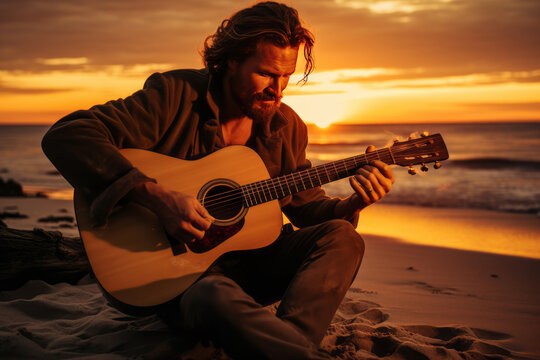 a person plays guitar with a bonfire at sunset at the beach. AI Generated